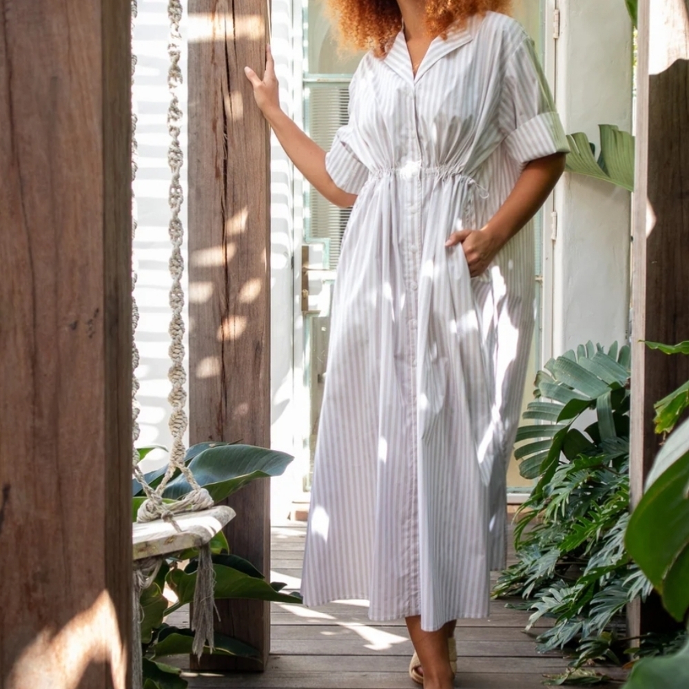 The Boy & I  Leon Beige Striped Cotton Midi Shirt Dress One Size